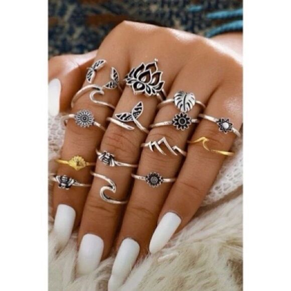 Fashion Jewelry Set of 14 rings different sizes and shapes Zinc allow NWT - Picture 1 of 4